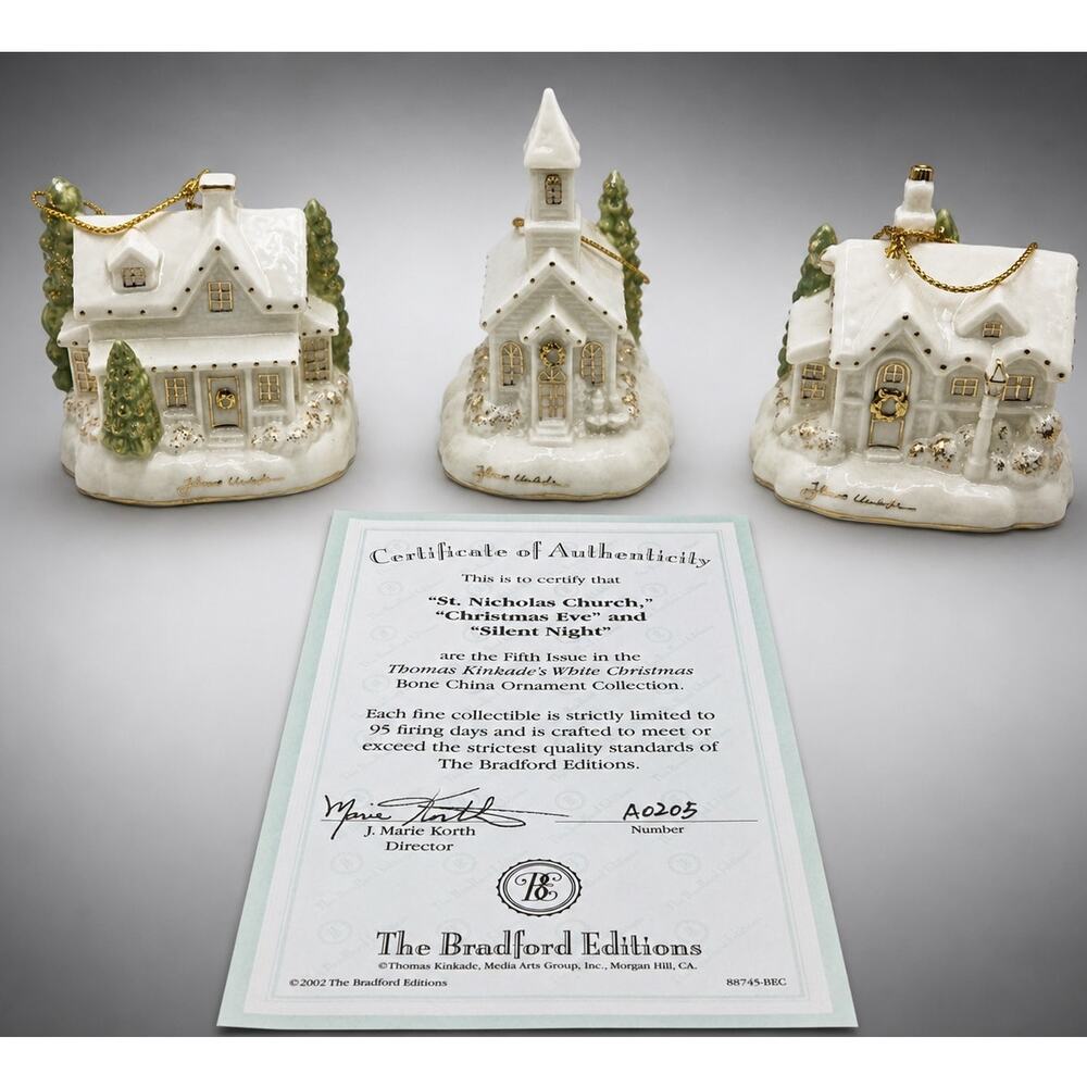 Bradford Exchange Thomas Kinkade White Christmas Ornaments Set Church Houses COA